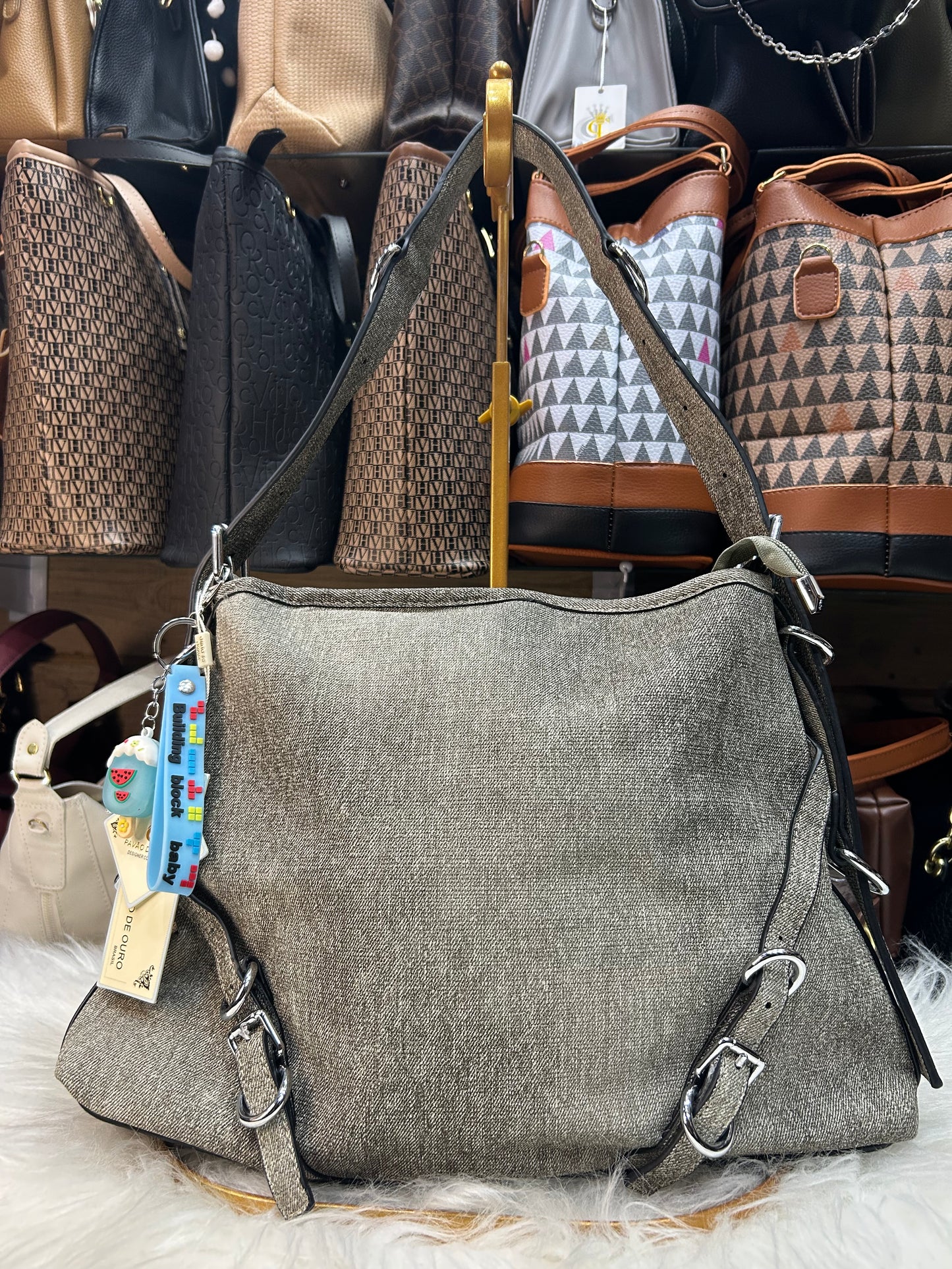 Bolsa jeans pavão de ouro